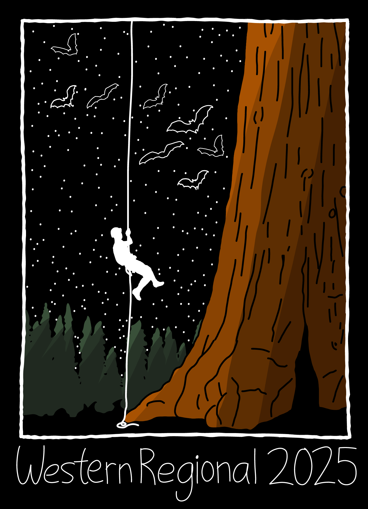 Caver ascending a giant sequoia, starry night sky with bats. Western Regional 2025 Logo