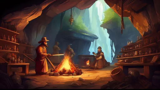 Cave interior with two people by a campfire and shelves of bottles.